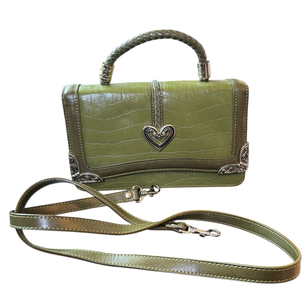Green Embossed Faux Crocodile‎ Pattern With Silver Hardware Crossbody Handbag